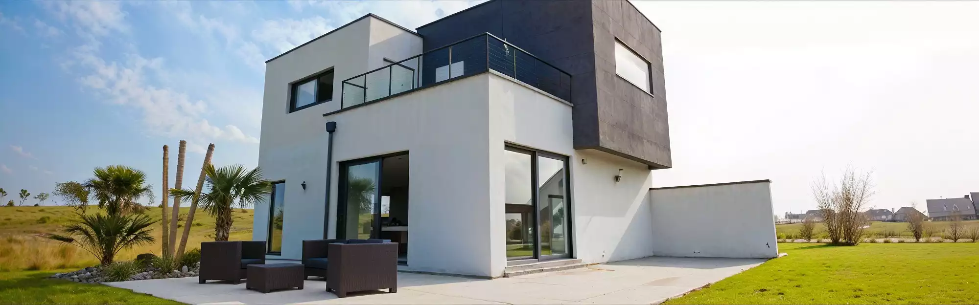 maison cubique en enduit blanc et gris